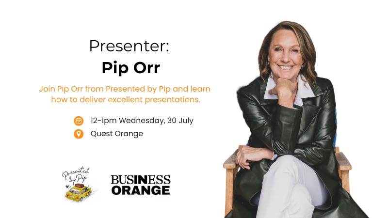 Pip Orr - Mastering your Presentations. Graphic shows event details (from description on website) with a picture of Pip smiling.