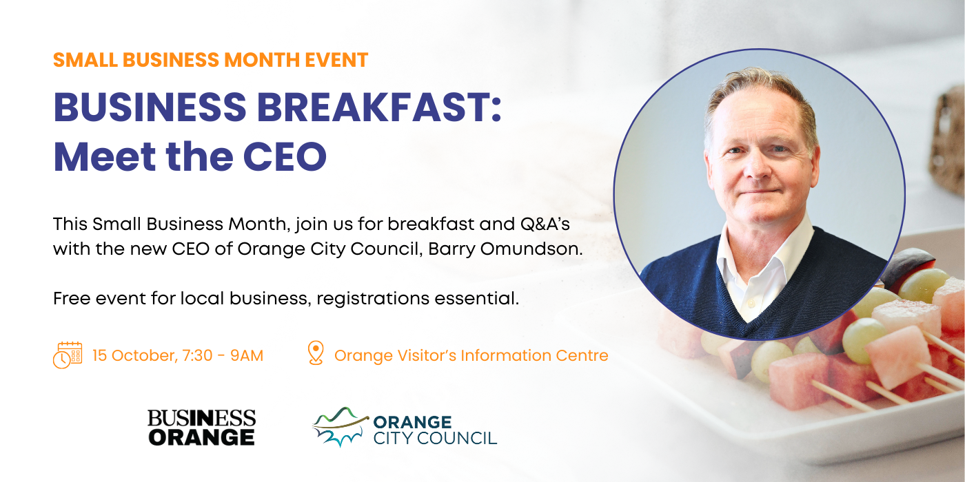 CEO Breakfast Graphic - contains details from the text on page with a photo of Barry Omundson - he is a white man smiling at the camera and wearing a white shirt and navy vest.