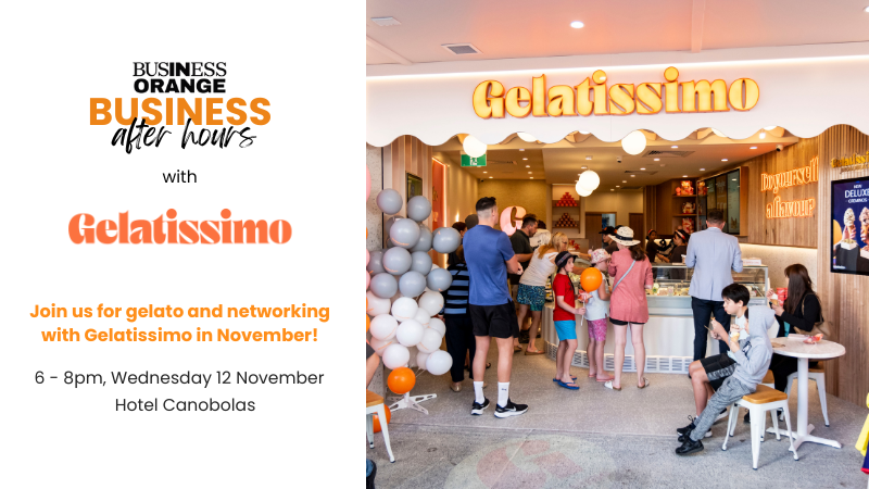 graphic with details of event from website copy and picture of a Gelatissimo storefront decorated in retro pinks and oranges