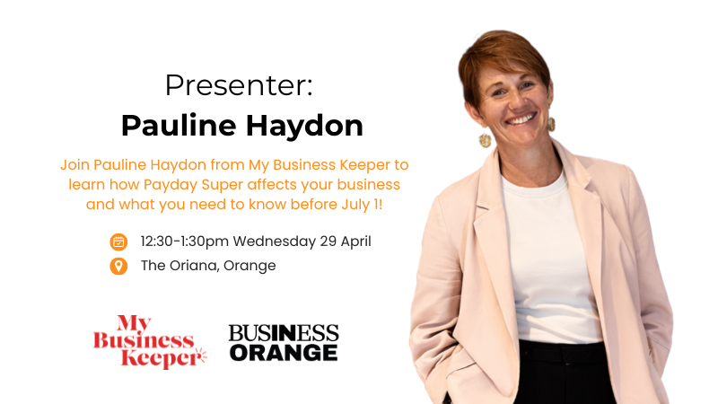 Payday Super event graphic with details from event description and a picture of Pauline Haydon - a smiling woman with short hair, dangly earrings and a pale pink blazer.